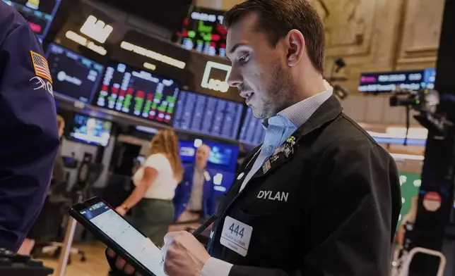 Trader Dylan Halvorsan works on the floor of the New York Stock Exchange, Wednesday, April 16, 2025. (AP Photo/Richard Drew)