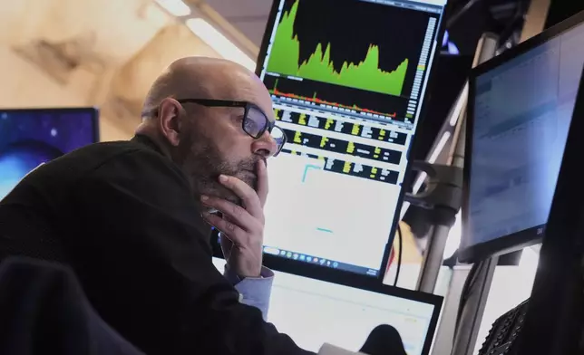 Trader Fred Demarco works on the floor of the New York Stock Exchange, Tuesday, April 15, 2025. (AP Photo/Richard Drew)