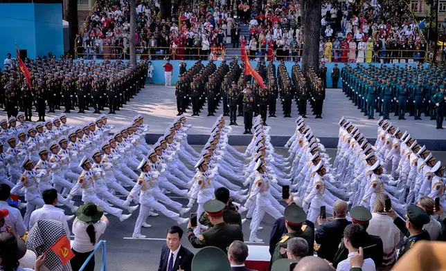 A Vietnamese military unit marches past the grandstand during a parade celebrating the 50th anniversary of the end of the Vietnam War on Wednesday, April 30, 2025, in Ho Chi Minh City, Vietnam. (AP Photo/Richard Vogel)