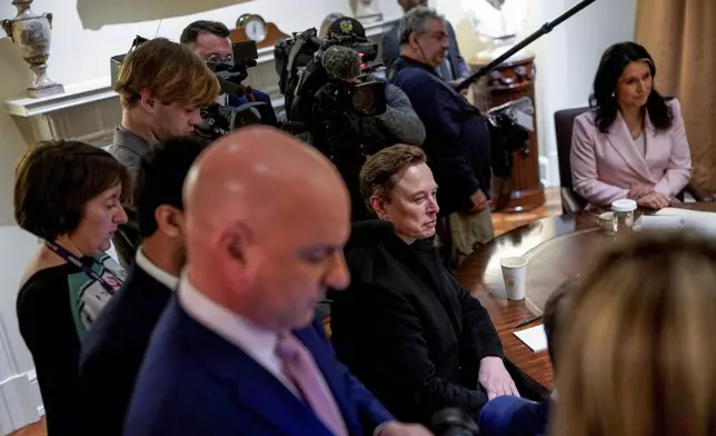 Elon Musk, center, and Director of National Intelligence Tulsi Gabbard, right, attend a cabinet meeting at the White House in Washington, Thursday, April 10, 2025. (Pool via AP)