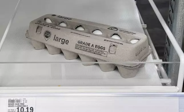 Eggs are displayed in a grocery store in Carmel, Ind., Wednesday, April 9, 2025. (AP Photo/Michael Conroy)