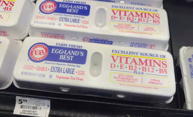Eggs are displayed in a grocery store in Carmel, Ind., Wednesday, April 9, 2025. (AP Photo/Michael Conroy)
