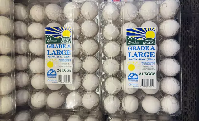 Eggs are displayed in a grocery store in Carmel, Ind., Wednesday, April 9, 2025. (AP Photo/Michael Conroy)