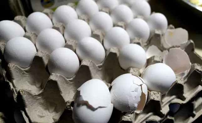 FILE - A carton of eggs sit on a counter in the kitchen inside of 5 Rabanitos restaurant in Chicago, Feb. 16, 2025. (AP Photo/Nam Y. Huh, File)