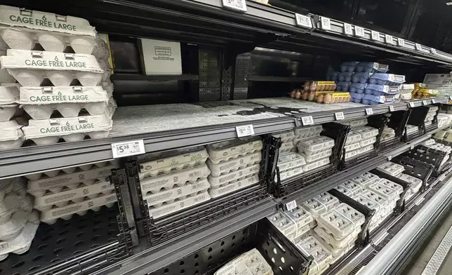 FILE - Cartons of eggs sit on a shelf in a Walmart store, March 10, 2025, in Englewood, Colo. (AP Photo/David Zalubowski, File)