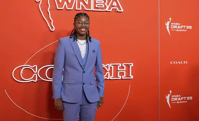 Maryland's Shyanne Sellers poses before the WNBA basketball draft, Monday, April 14, 2025, in New York. (AP Photo/Pamela Smith)