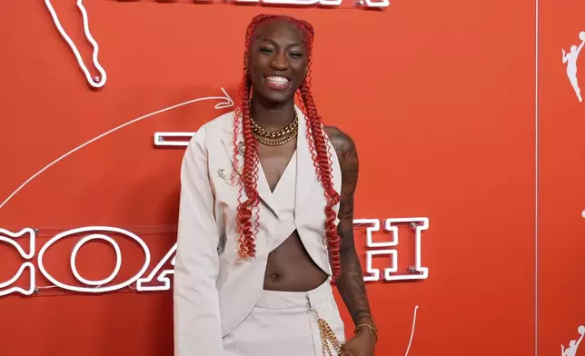 NC State's Saniya Rivers poses before the WNBA basketball draft, Monday, April 14, 2025, in New York. (AP Photo/Pamela Smith)