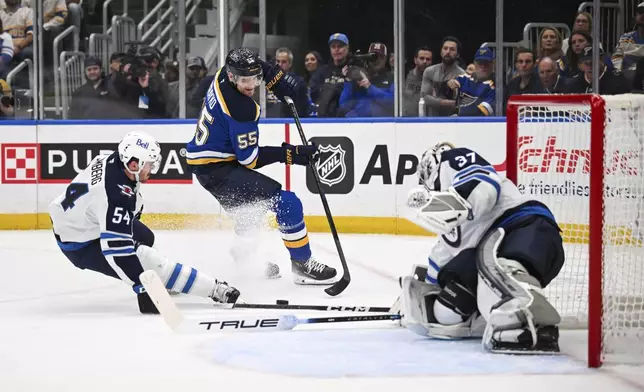 Winnipeg Jets' Dylan Samberg (54) and Connor Hellebuyck (37) defend the net against St. Louis Blues' Colton Parayko (55) during the second period in Game 4 of an NHL hockey first-round playoff series Sunday, April 27, 2025, in St. Louis. (AP Photo/Connor Hamilton)
