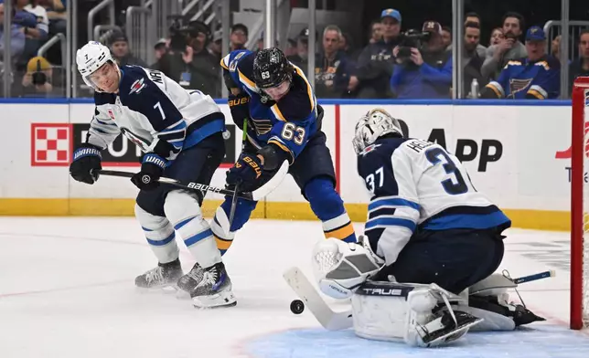 Winnipeg Jets' Connor Hellebuyck (37) and Vladislav Namestnikov (7) defend the net against St. Louis Blues' Jake Neighbours (63) during the second period in Game 4 of an NHL hockey first-round playoff series Sunday, April 27, 2025, in St. Louis. (AP Photo/Connor Hamilton)