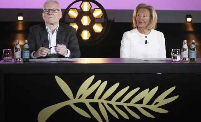 Cannes film festival president Iris Knobloch, right, and Cannes film festival delegate general Thierry Fremaux attend a press conference to announce the International Cannes film festival line up for the upcoming 78th edition of the Cannes Film Festival, Thursday, April 10, 2025 in Paris. (AP Photo/Michel Euler)