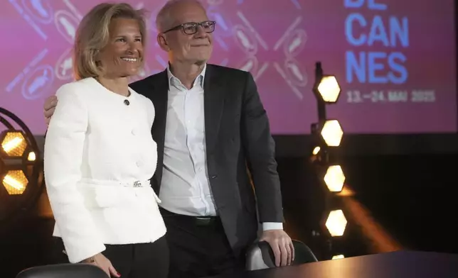 Cannes film festival president Iris Knobloch, left, and Cannes film festival delegate general Thierry Fremaux pose after a press conference to announce the International Cannes film festival line up for the upcoming 78th edition of the Cannes Film Festival, Thursday, April 10, 2025 in Paris. (AP Photo/Michel Euler)