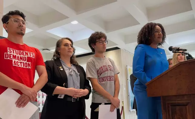 Florida House Minority Leader Fentrice Driskell speaks at a news conference in the state capitol in Tallahassee, Fla., Tuesday, April 22, 2025, alongside Democratic lawmakers and Florida State University students affected by the April 17, 2025 shooting on the school's campus. (AP Photo/Kate Payne)