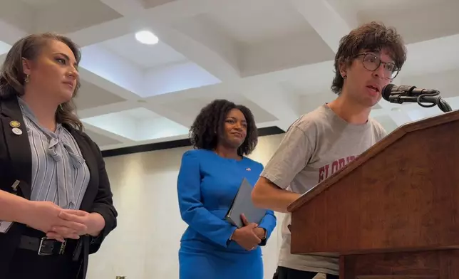 Natanel Mizrahi, a 22-year-old junior at Florida State University, speaks at a news conference in the state capitol in Tallahassee, Fla. alongside Democratic lawmakers on Tuesday, April 22, 2025. (AP Photo/Kate Payne)