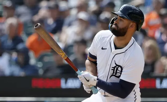 Detroit Tigers' Riley Greene singles to drive in Justyn-Henry Malloy against the San Diego Padres during the seventh inning of a baseball game Wednesday, April 23, 2025, in Detroit. (AP Photo/Duane Burleson)