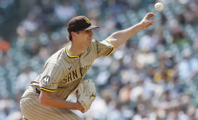 San Diego Padres starter Kyle Hart pitches against the Detroit Tigers during the fourth inning of a baseball game Wednesday, April 23, 2025, in Detroit. (AP Photo/Duane Burleson)