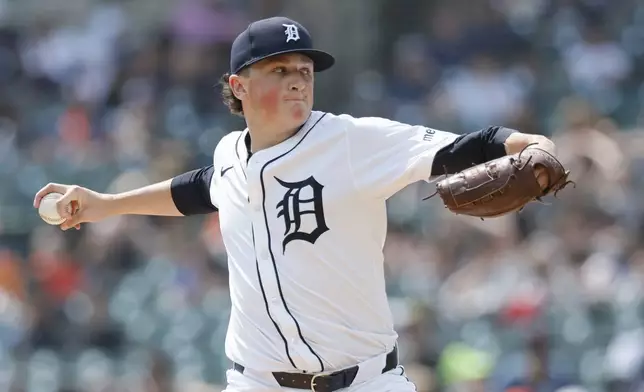 Detroit Tigers starting pitcher Reese Olson pitches against the San Diego Padres during the fourth inning of a baseball game Wednesday, April 23, 2025, in Detroit. (AP Photo/Duane Burleson)