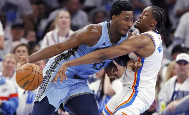 Memphis Grizzlies forward Jaren Jackson Jr., left, drives against Oklahoma City Thunder forward Jalen Williams, right, during the first half in Game 1 of an NBA first-round playoff series, Sunday, April 20, 2025, in Oklahoma City. (AP Photo/Nate Billings)