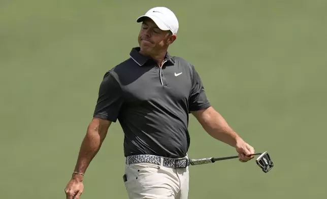 Rory McIlroy, of Northern Ireland, celebrates after a birdie on the 15th hole during the second round at the Masters golf tournament, Friday, April 11, 2025, in Augusta, Ga. (AP Photo/David J. Phillip)