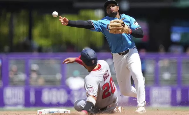 Washington Nationals' Keibert Ruiz (20) is out at second as Miami Marlins second baseman Otto Lopez throws to first for a double play during the third inning of a baseball game, Sunday, April 13, 2025, in Miami. (AP Photo/Lynne Sladky)