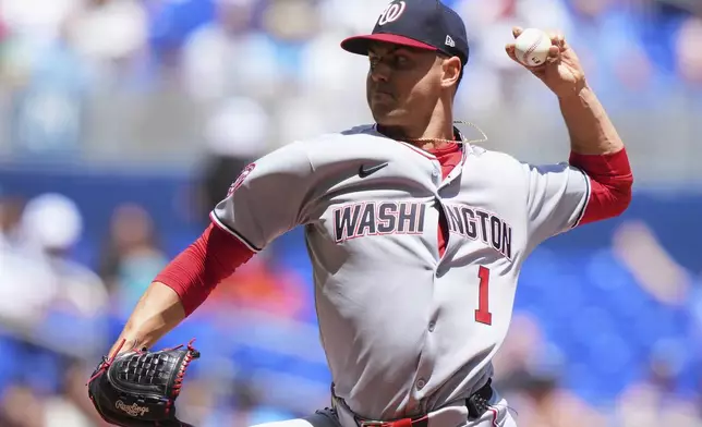 Washington Nationals starting pitcher MacKenzie Gore throws during the second inning of a baseball game against the Miami Marlins, Sunday, April 13, 2025, in Miami. (AP Photo/Lynne Sladky)