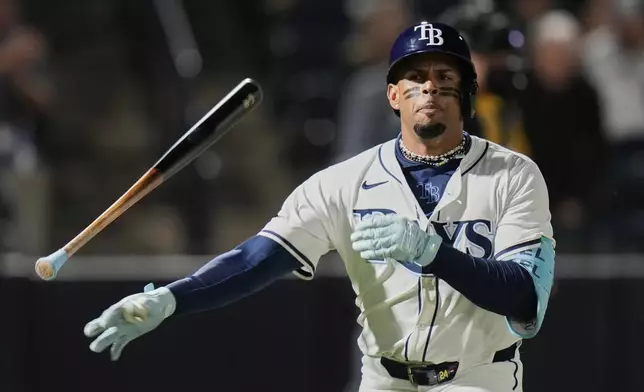 Tampa Bay Rays' Christopher Morel reacts after his RBI double off Los Angeles Angels pitcher Ben Joyce during the seventh inning of a baseball game Tuesday, April 8, 2025, in Tampa, Fla. (AP Photo/Chris O'Meara)