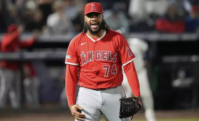 Los Angeles Angels pitcher Kenley Jansen (74) reacts after closing out the Tampa Bay Rays during the ninth inning of a baseball game Tuesday, April 8, 2025, in Tampa, Fla. (AP Photo/Chris O'Meara)