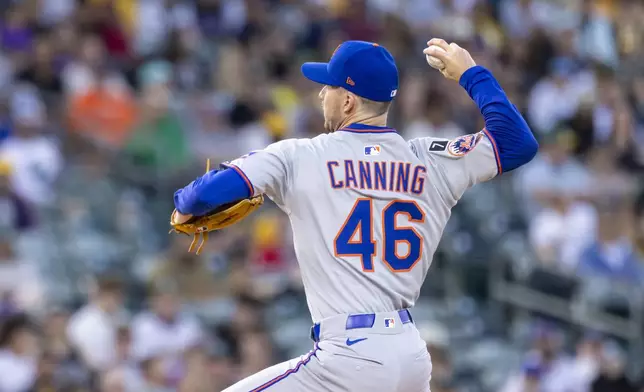 New York Mets starting pitcher Griffin Canning throws against the Athletics during the first inning of a baseball game Friday, April 11, 2025, in West Sacramento, Calif. (AP Photo/Sara Nevis)