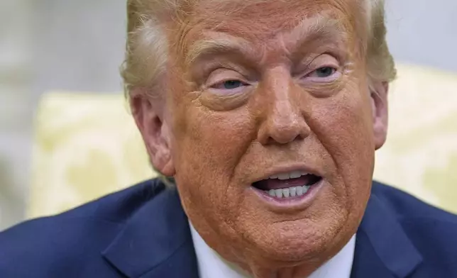 President Donald Trump speaks as he meets with Italy's Prime Minister Giorgia Meloni in the Oval Office of the White House, Thursday, April 17, 2025, in Washington. (AP Photo/Alex Brandon)