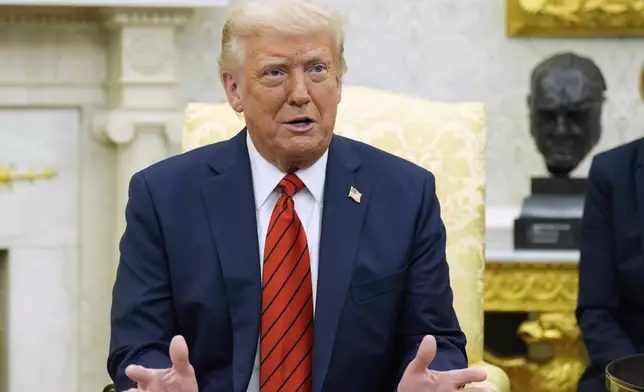 President Donald Trump speaks as he meets with Italy's Prime Minister Giorgia Meloni in the Oval Office of the White House, Thursday, April 17, 2025, in Washington. (AP Photo/Alex Brandon)