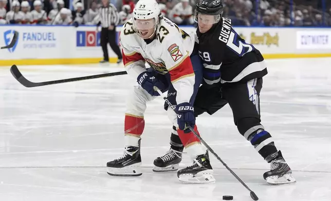 Florida Panthers center Carter Verhaeghe (23) gets around Tampa Bay Lightning center Jake Guentzel (59) during the third period of an NHL hockey game Tuesday, April 15, 2025, in Tampa, Fla. (AP Photo/Chris O'Meara)