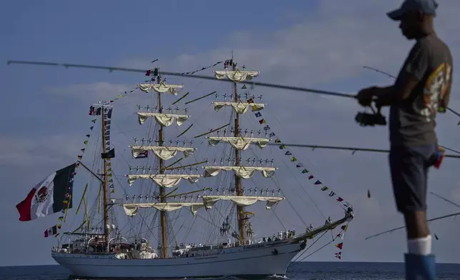 The Mexican Navy tall ship Cuauhtemoc arrives in Havana Bay, Cuba, Monday, April 28, 2025. (AP Photo/Ramon Espinosa)