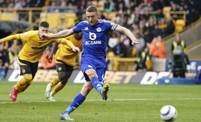 Leicester City's Jamie Vardy misses a penalty during the English Premier League soccer match between Wolverhampton Wanderers and Leicester City at Molineux Stadium, Wolverhampton, England, Saturday, April 26, 2025. (Jacob King/PA via AP)