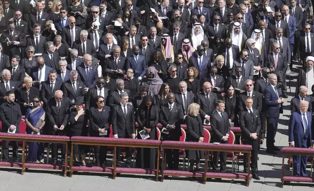 Ukraine's President Volodymr Zelenskyy, front left, and President Donald Trump, front right, attend the funeral of Pope Francis in St. Peter's Square at the Vatican, Saturday, April 26, 2025. (AP Photo/Markus Schreiber)