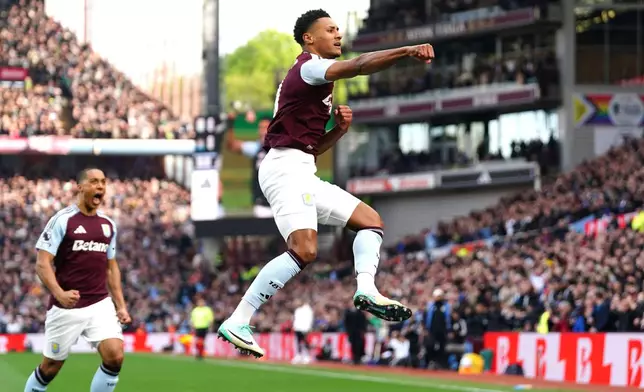 Aston Villa's Ollie Watkins celebrates scoring during the English Premier League soccer match between Aston Villa and Newcastle United at Villa Park, Birmingham, England, Saturday April 19, 2025. (David Davies/PA via AP)