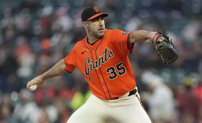 San Francisco Giants pitcher Justin Verlander works against the Texas Rangers during the first inning of a baseball game in San Francisco, Friday, April 25, 2025. (AP Photo/Jeff Chiu)