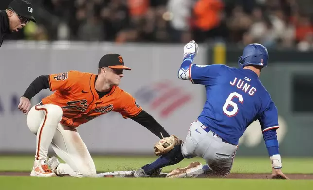 Texas Rangers' Josh Jung (6) is tagged out trying to steal second base by San Francisco Giants second baseman Tyler Fitzgerald during the seventh inning of a baseball game in San Francisco, Friday, April 25, 2025. (AP Photo/Jeff Chiu)