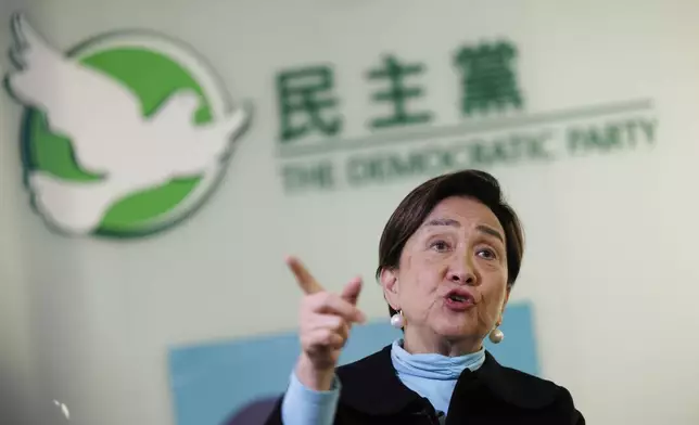 Emily Lau, former chairperson of the Democratic Party, is interviewed at the Democratic Party's office in Prince Edward in Hong Kong on April 2, 2025. (AP Photo/May James)