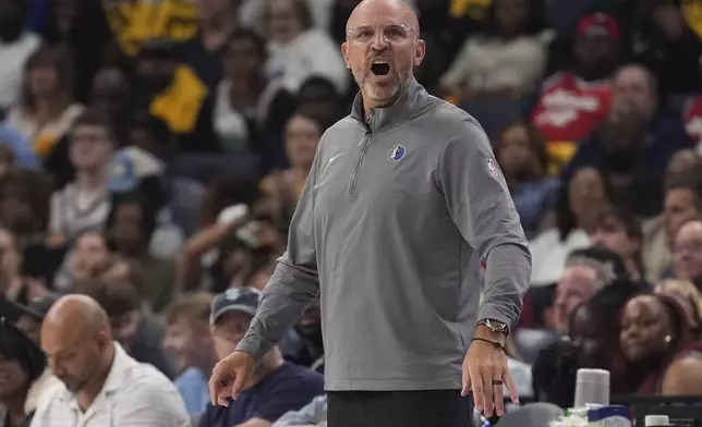 Dallas Mavericks head coach Jason Kidd yells to his players during the first half of an NBA play-in tournament basketball game against the Memphis Grizzlies, Friday, April 18, 2025, in Memphis, Tenn. (AP Photo/George Walker IV)