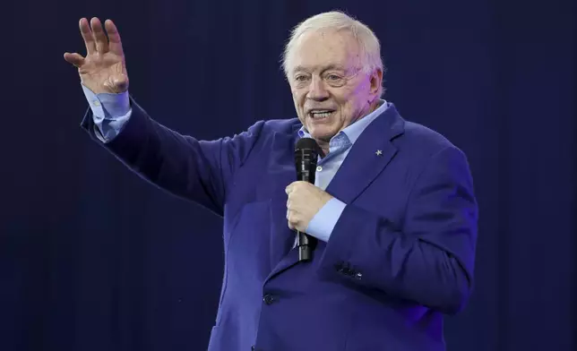 Dallas Cowboys owner Jerry Jones speaks during an NFL football draft party in Frisco, Texas, Thursday, April 24, 2025. (AP Photo/Gareth Patterson)