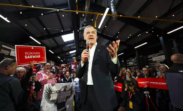 Liberal Leader Mark Carney makes a campaign stop in Saskatoon, Saskatchewan, Sunday, April 27, 2025. (Sean Kilpatrick/The Canadian Press via AP)