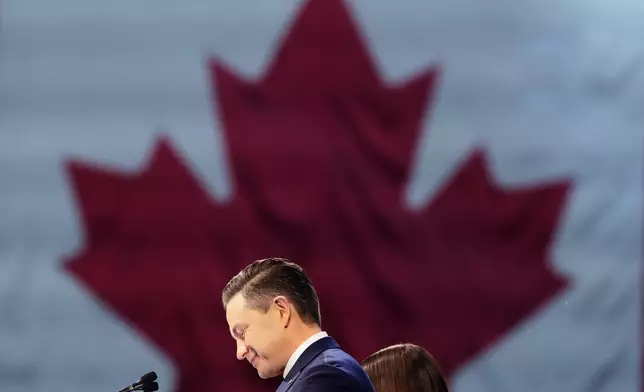 Conservative Leader Pierre Poilievre speaks at his campaign headquarters on election night, in Ottawa, Tuesday, April 29, 2025. (Christinne Muschi/The Canadian Press via AP)
