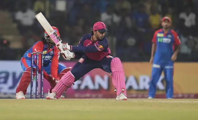 Rajasthan Royals' Nitish Rana bats during the Indian Premier League cricket match between Delhi Capitals and Rajasthan Royals at Arun Jaitley Stadium in New Delhi, India, Wednesday, April 16, 2025. (AP Photo/Manish Swarup)