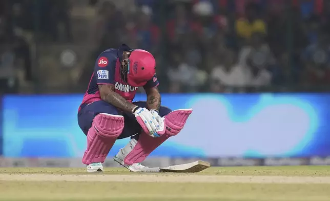 Rajasthan Royals' Shimron Hetmyer reacts during the super over of the Indian Premier League cricket match between Delhi Capitals and Rajasthan Royals at Arun Jaitley Stadium in New Delhi, India, Wednesday, April 16, 2025. (AP Photo/Manish Swarup)
