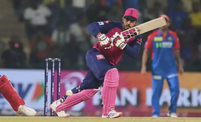 Rajasthan Royals' Nitish Rana plays a shot during the Indian Premier League cricket match between Delhi Capitals and Rajasthan Royals at Arun Jaitley Stadium in New Delhi, India, Wednesday, April 16, 2025. (AP Photo/Manish Swarup)