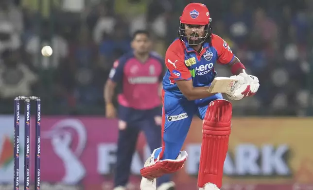 Delhi Capitals' KL Rahul plays a shot during the Indian Premier League cricket match between Delhi Capitals and Rajasthan Royals in Arun Jaitley stadium in New Delhi, India, Wednesday, April 16, 2025.(AP Photo/Manish Swarup)