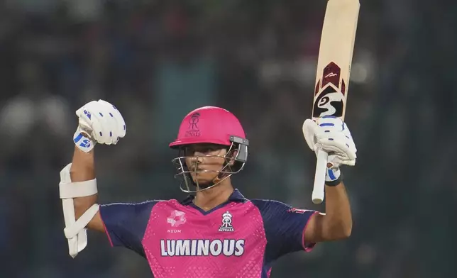 Rajasthan Royals' Yashasvi Jaiswal celebrates after scoring fifty runs during the Indian Premier League cricket match between Delhi Capitals and Rajasthan Royals at Arun Jaitley Stadium in New Delhi, India, Wednesday, April 16, 2025. (AP Photo/Manish Swarup)