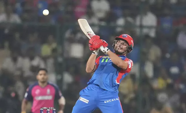 Delhi Capitals' Ashutosh Sharma plays a shot during the Indian Premier League cricket match between Delhi Capitals and Rajasthan Royals in Arun Jaitley stadium in New Delhi, India, Wednesday, April 16, 2025.(AP Photo/Manish Swarup)