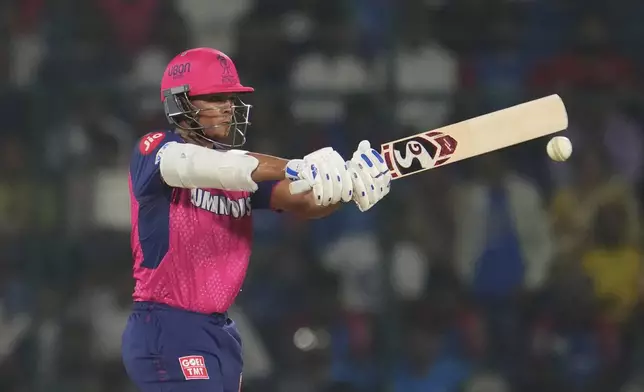 Rajasthan Royals' Yashasvi Jaiswal plays a shot during the Indian Premier League cricket match between Delhi Capitals and Rajasthan Royals at Arun Jaitley Stadium in New Delhi, India, Wednesday, April 16, 2025. (AP Photo/Manish Swarup)
