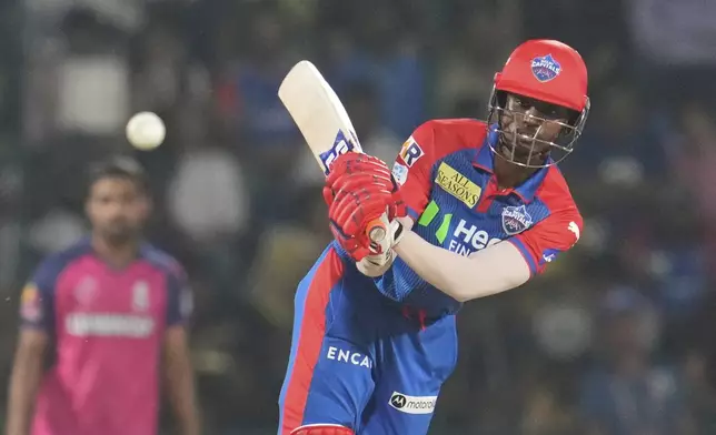 Delhi Capitals' Abishek Porel plays a shot during the Indian Premier League cricket match between New Delhi Capitals and Rajasthan Royals in Arun Jaitley stadium in New Delhi, India, Wednesday, April 16, 2025.(AP Photo/Manish Swarup)