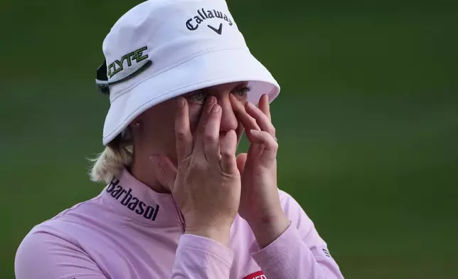 Madelene Sagstrom reacts after winning the LPGA T-Mobile Match Play golf tournament Sunday, April 6, 2025, in North Las Vegas, Nev. (AP Photo/John Locher)
